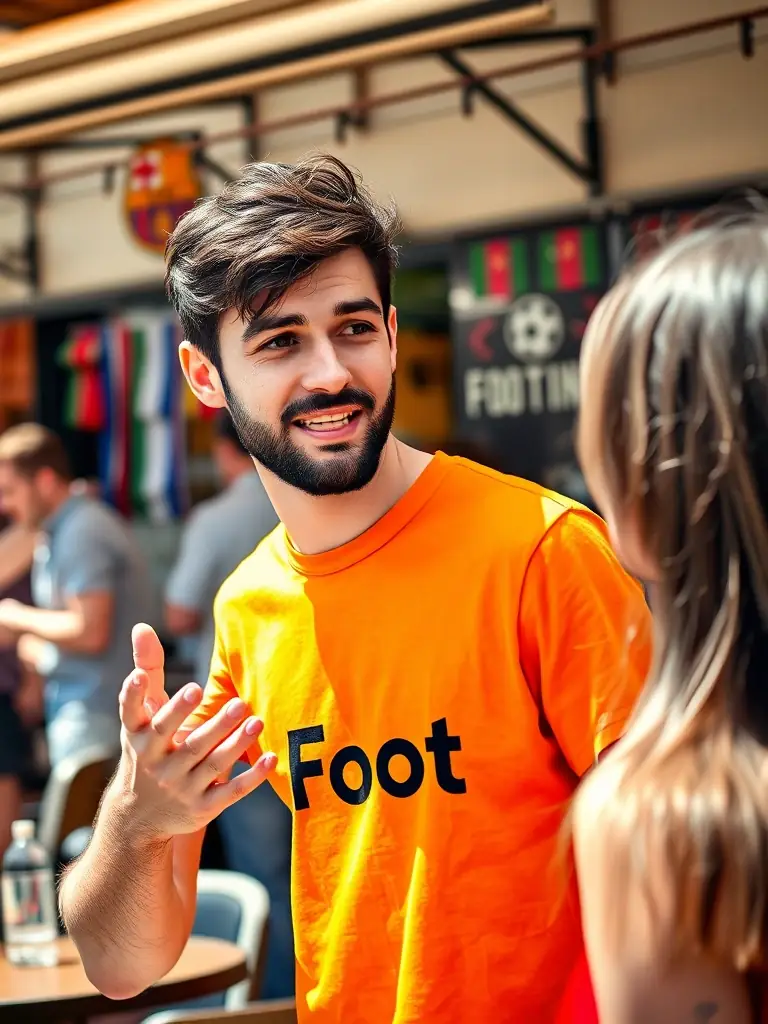 A close-up shot of a person wearing a Footino T-shirt, passionately discussing football strategies with another fan, highlighting the depth of connection within the community.