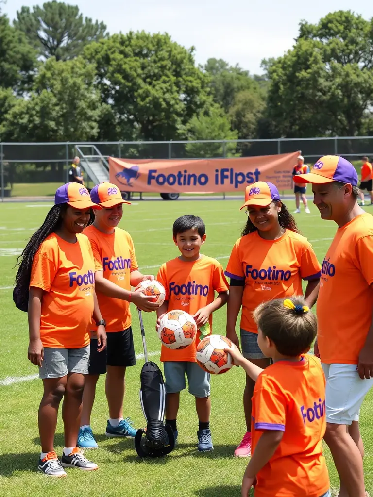A group photo of Footino community members volunteering at a youth football clinic, all wearing Footino apparel, demonstrating community involvement and giving back to the sport.