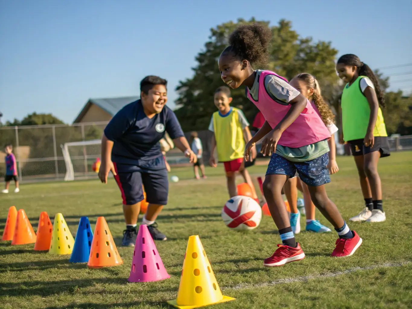 An action shot of players participating in a skill challenge at Footino, highlighting the innovative training equipment and the guidance of experienced coaches.