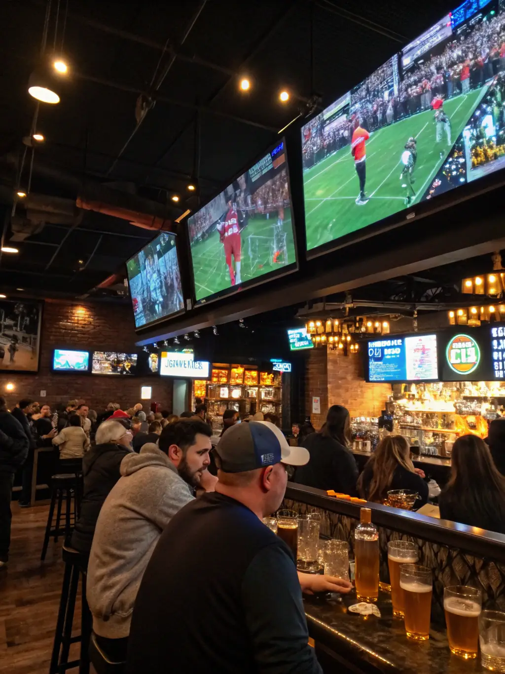 A group of diverse football fans wearing Footino T-shirts, laughing and high-fiving while watching a game on a large screen in a sports bar, creating a sense of camaraderie and excitement.