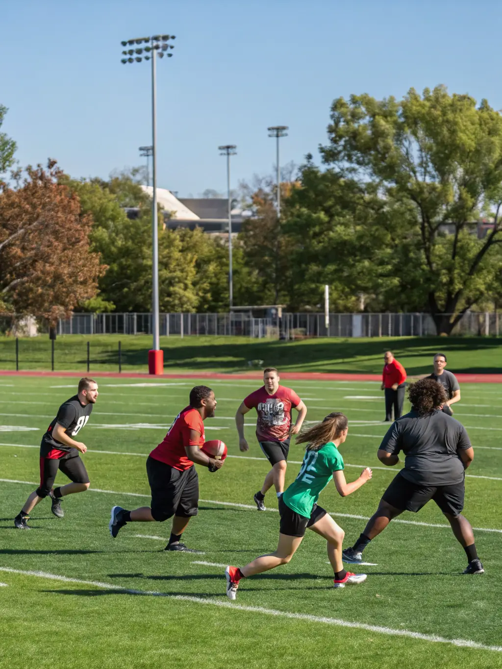 A candid shot of Footino community members participating in a local football tournament, wearing Footino gear, showcasing teamwork and active engagement.