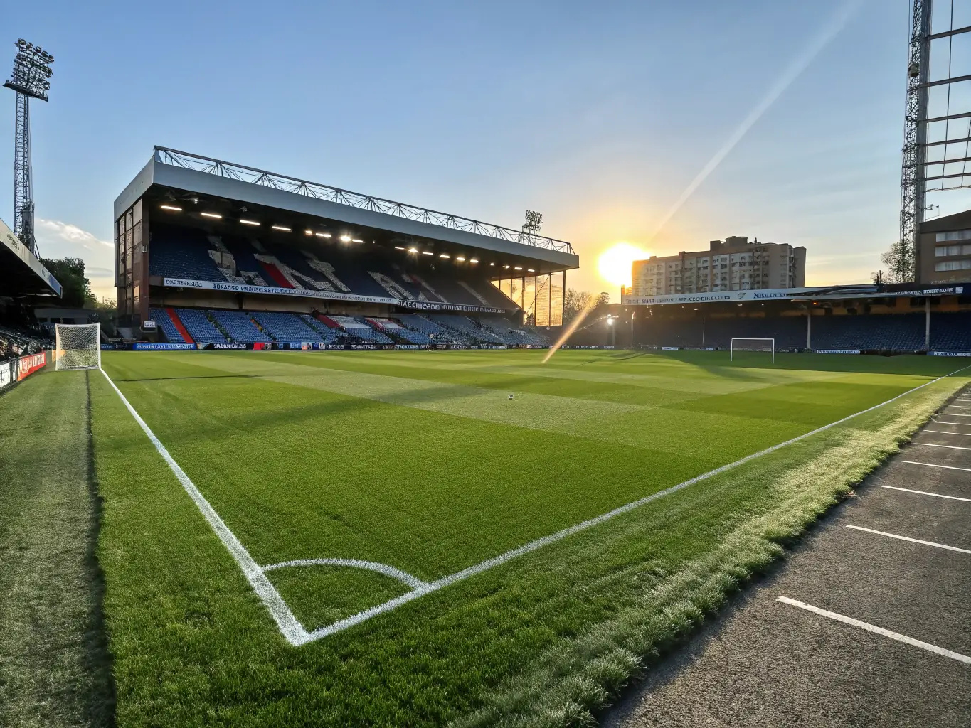 A wide-angle shot of Footino's meticulously maintained football pitch, showcasing the lush green turf, professional goalposts, and advanced drainage system, under a clear blue sky.